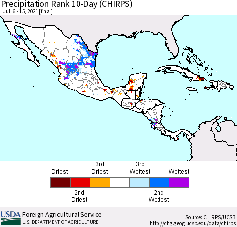 Mexico Central America and the Caribbean Precipitation Rank since 1981, 10-Day (CHIRPS) Thematic Map For 7/6/2021 - 7/15/2021