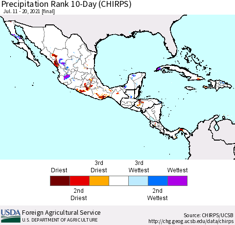 Mexico Central America and the Caribbean Precipitation Rank since 1981, 10-Day (CHIRPS) Thematic Map For 7/11/2021 - 7/20/2021