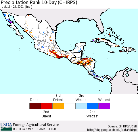 Mexico Central America and the Caribbean Precipitation Rank since 1981, 10-Day (CHIRPS) Thematic Map For 7/16/2021 - 7/25/2021