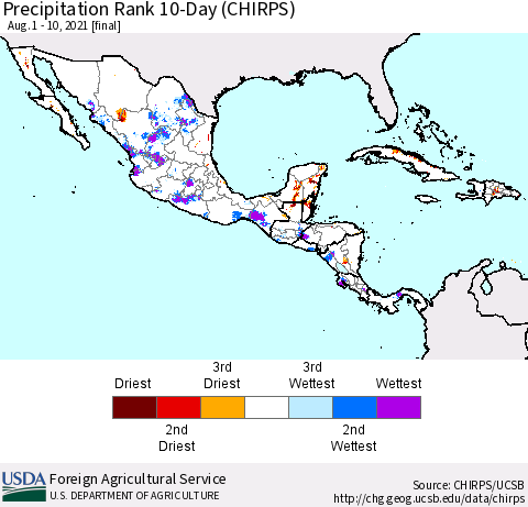 Mexico Central America and the Caribbean Precipitation Rank since 1981, 10-Day (CHIRPS) Thematic Map For 8/1/2021 - 8/10/2021
