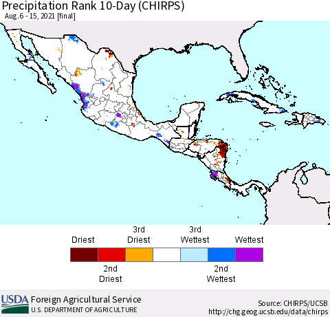Mexico Central America and the Caribbean Precipitation Rank since 1981, 10-Day (CHIRPS) Thematic Map For 8/6/2021 - 8/15/2021