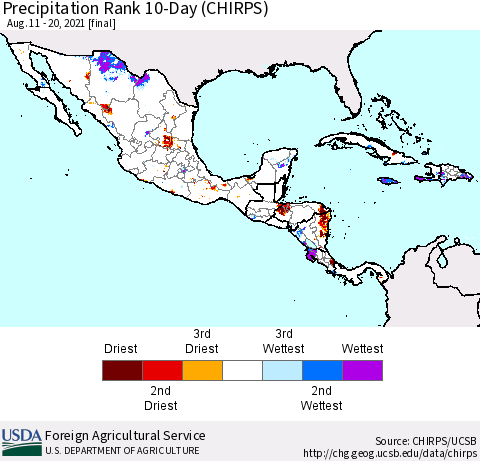 Mexico Central America and the Caribbean Precipitation Rank since 1981, 10-Day (CHIRPS) Thematic Map For 8/11/2021 - 8/20/2021