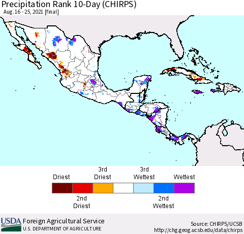 Mexico Central America and the Caribbean Precipitation Rank since 1981, 10-Day (CHIRPS) Thematic Map For 8/16/2021 - 8/25/2021