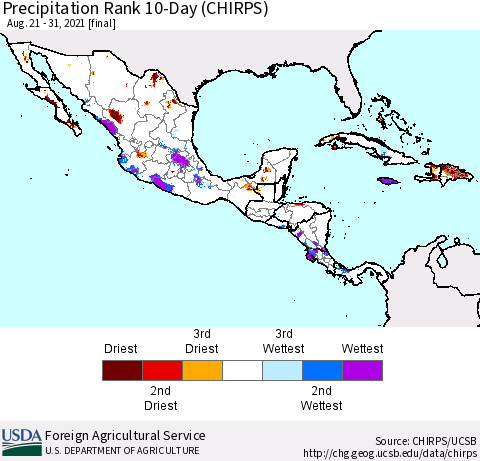 Mexico Central America and the Caribbean Precipitation Rank since 1981, 10-Day (CHIRPS) Thematic Map For 8/21/2021 - 8/31/2021