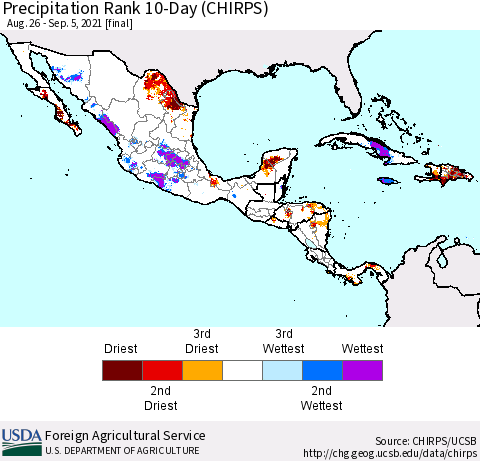 Mexico Central America and the Caribbean Precipitation Rank since 1981, 10-Day (CHIRPS) Thematic Map For 8/26/2021 - 9/5/2021