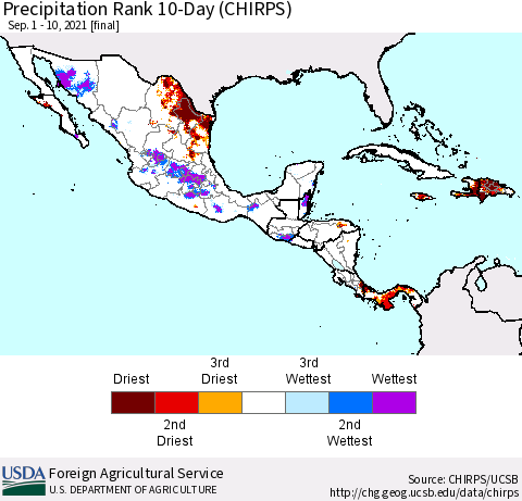 Mexico Central America and the Caribbean Precipitation Rank since 1981, 10-Day (CHIRPS) Thematic Map For 9/1/2021 - 9/10/2021
