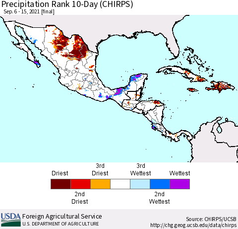 Mexico Central America and the Caribbean Precipitation Rank since 1981, 10-Day (CHIRPS) Thematic Map For 9/6/2021 - 9/15/2021
