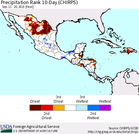Mexico Central America and the Caribbean Precipitation Rank since 1981, 10-Day (CHIRPS) Thematic Map For 9/11/2021 - 9/20/2021