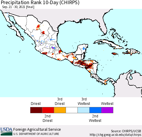 Mexico Central America and the Caribbean Precipitation Rank since 1981, 10-Day (CHIRPS) Thematic Map For 9/21/2021 - 9/30/2021