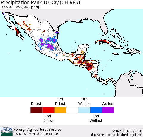 Mexico Central America and the Caribbean Precipitation Rank since 1981, 10-Day (CHIRPS) Thematic Map For 9/26/2021 - 10/5/2021