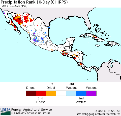 Mexico Central America and the Caribbean Precipitation Rank since 1981, 10-Day (CHIRPS) Thematic Map For 10/1/2021 - 10/10/2021