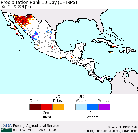Mexico Central America and the Caribbean Precipitation Rank since 1981, 10-Day (CHIRPS) Thematic Map For 10/11/2021 - 10/20/2021