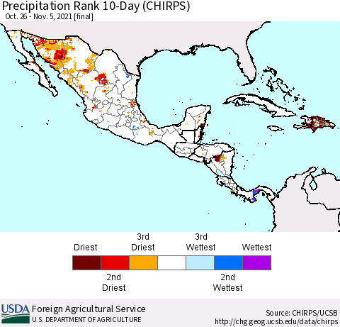Mexico Central America and the Caribbean Precipitation Rank since 1981, 10-Day (CHIRPS) Thematic Map For 10/26/2021 - 11/5/2021