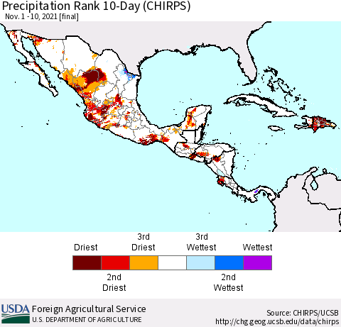 Mexico Central America and the Caribbean Precipitation Rank since 1981, 10-Day (CHIRPS) Thematic Map For 11/1/2021 - 11/10/2021