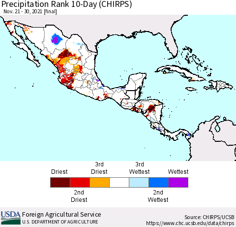 Mexico Central America and the Caribbean Precipitation Rank since 1981, 10-Day (CHIRPS) Thematic Map For 11/21/2021 - 11/30/2021