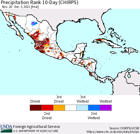 Mexico Central America and the Caribbean Precipitation Rank since 1981, 10-Day (CHIRPS) Thematic Map For 11/26/2021 - 12/5/2021