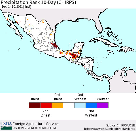 Mexico Central America and the Caribbean Precipitation Rank since 1981, 10-Day (CHIRPS) Thematic Map For 12/1/2021 - 12/10/2021