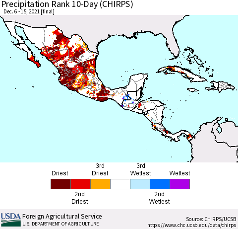 Mexico Central America and the Caribbean Precipitation Rank since 1981, 10-Day (CHIRPS) Thematic Map For 12/6/2021 - 12/15/2021