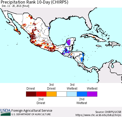 Mexico Central America and the Caribbean Precipitation Rank since 1981, 10-Day (CHIRPS) Thematic Map For 12/11/2021 - 12/20/2021
