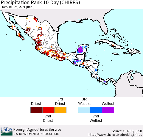 Mexico Central America and the Caribbean Precipitation Rank since 1981, 10-Day (CHIRPS) Thematic Map For 12/16/2021 - 12/25/2021