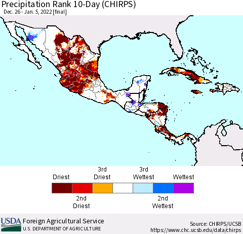 Mexico Central America and the Caribbean Precipitation Rank since 1981, 10-Day (CHIRPS) Thematic Map For 12/26/2021 - 1/5/2022