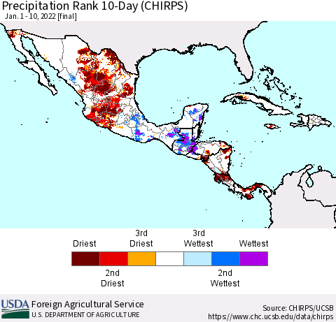 Mexico Central America and the Caribbean Precipitation Rank since 1981, 10-Day (CHIRPS) Thematic Map For 1/1/2022 - 1/10/2022