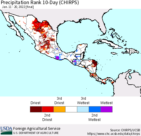 Mexico Central America and the Caribbean Precipitation Rank since 1981, 10-Day (CHIRPS) Thematic Map For 1/11/2022 - 1/20/2022