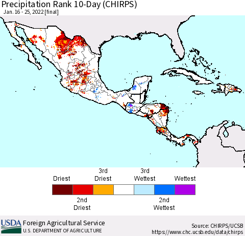 Mexico Central America and the Caribbean Precipitation Rank since 1981, 10-Day (CHIRPS) Thematic Map For 1/16/2022 - 1/25/2022