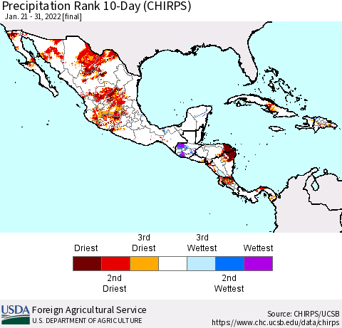Mexico Central America and the Caribbean Precipitation Rank since 1981, 10-Day (CHIRPS) Thematic Map For 1/21/2022 - 1/31/2022
