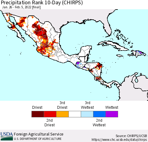 Mexico Central America and the Caribbean Precipitation Rank since 1981, 10-Day (CHIRPS) Thematic Map For 1/26/2022 - 2/5/2022