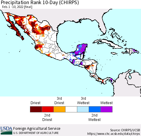 Mexico Central America and the Caribbean Precipitation Rank since 1981, 10-Day (CHIRPS) Thematic Map For 2/1/2022 - 2/10/2022