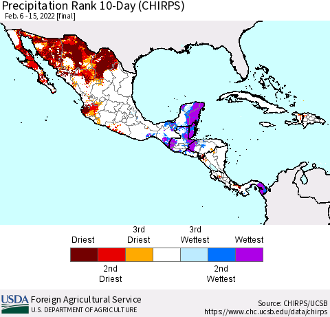 Mexico Central America and the Caribbean Precipitation Rank since 1981, 10-Day (CHIRPS) Thematic Map For 2/6/2022 - 2/15/2022