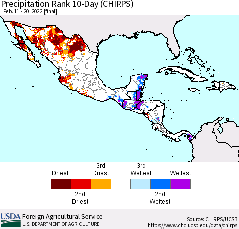 Mexico Central America and the Caribbean Precipitation Rank since 1981, 10-Day (CHIRPS) Thematic Map For 2/11/2022 - 2/20/2022