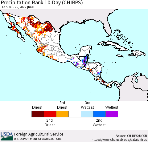 Mexico Central America and the Caribbean Precipitation Rank since 1981, 10-Day (CHIRPS) Thematic Map For 2/16/2022 - 2/25/2022