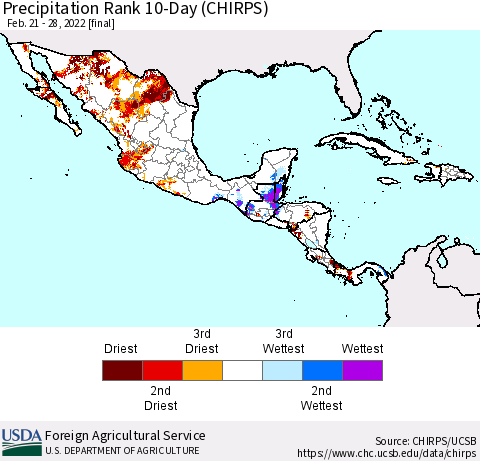 Mexico Central America and the Caribbean Precipitation Rank since 1981, 10-Day (CHIRPS) Thematic Map For 2/21/2022 - 2/28/2022