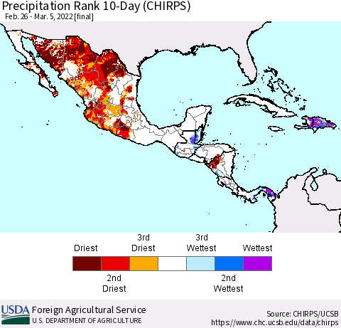 Mexico Central America and the Caribbean Precipitation Rank since 1981, 10-Day (CHIRPS) Thematic Map For 2/26/2022 - 3/5/2022