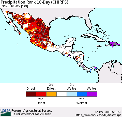 Mexico Central America and the Caribbean Precipitation Rank since 1981, 10-Day (CHIRPS) Thematic Map For 3/1/2022 - 3/10/2022
