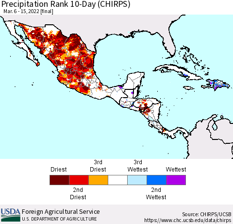 Mexico Central America and the Caribbean Precipitation Rank since 1981, 10-Day (CHIRPS) Thematic Map For 3/6/2022 - 3/15/2022