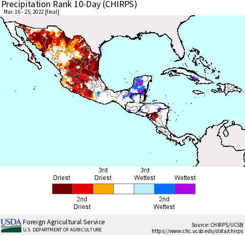 Mexico Central America and the Caribbean Precipitation Rank since 1981, 10-Day (CHIRPS) Thematic Map For 3/16/2022 - 3/25/2022