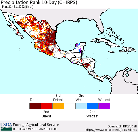 Mexico Central America and the Caribbean Precipitation Rank since 1981, 10-Day (CHIRPS) Thematic Map For 3/21/2022 - 3/31/2022