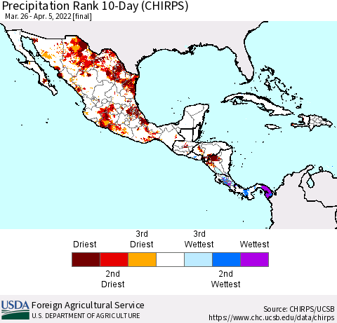 Mexico Central America and the Caribbean Precipitation Rank since 1981, 10-Day (CHIRPS) Thematic Map For 3/26/2022 - 4/5/2022