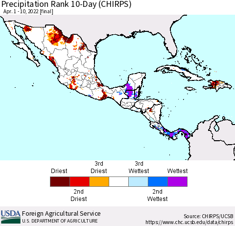 Mexico Central America and the Caribbean Precipitation Rank since 1981, 10-Day (CHIRPS) Thematic Map For 4/1/2022 - 4/10/2022