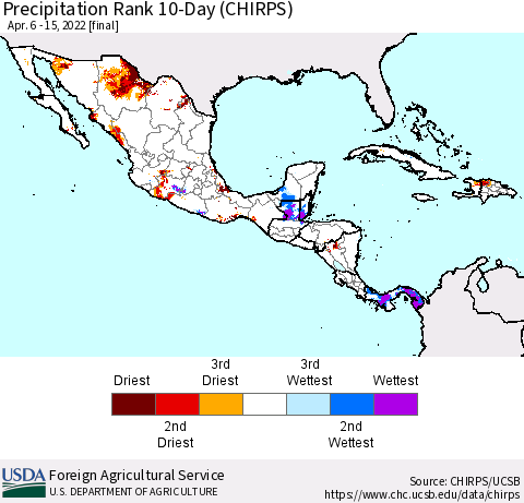 Mexico Central America and the Caribbean Precipitation Rank since 1981, 10-Day (CHIRPS) Thematic Map For 4/6/2022 - 4/15/2022