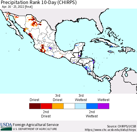 Mexico Central America and the Caribbean Precipitation Rank since 1981, 10-Day (CHIRPS) Thematic Map For 4/16/2022 - 4/25/2022