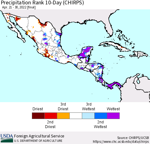 Mexico Central America and the Caribbean Precipitation Rank since 1981, 10-Day (CHIRPS) Thematic Map For 4/21/2022 - 4/30/2022