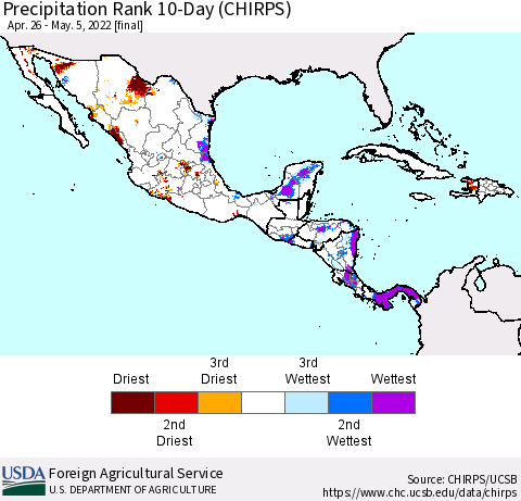 Mexico Central America and the Caribbean Precipitation Rank since 1981, 10-Day (CHIRPS) Thematic Map For 4/26/2022 - 5/5/2022