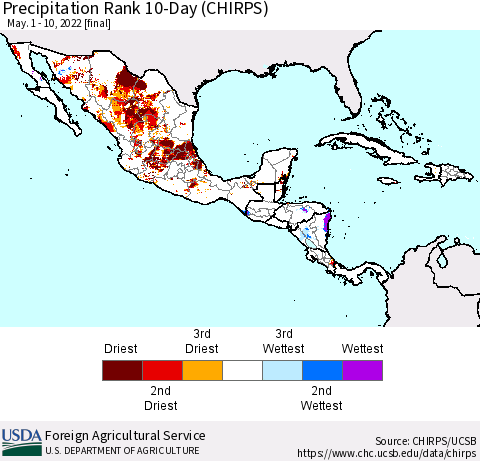 Mexico Central America and the Caribbean Precipitation Rank since 1981, 10-Day (CHIRPS) Thematic Map For 5/1/2022 - 5/10/2022