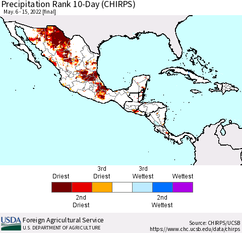 Mexico Central America and the Caribbean Precipitation Rank since 1981, 10-Day (CHIRPS) Thematic Map For 5/6/2022 - 5/15/2022
