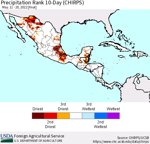 Mexico Central America and the Caribbean Precipitation Rank since 1981, 10-Day (CHIRPS) Thematic Map For 5/11/2022 - 5/20/2022