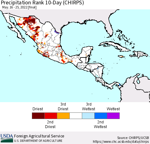 Mexico Central America and the Caribbean Precipitation Rank since 1981, 10-Day (CHIRPS) Thematic Map For 5/16/2022 - 5/25/2022